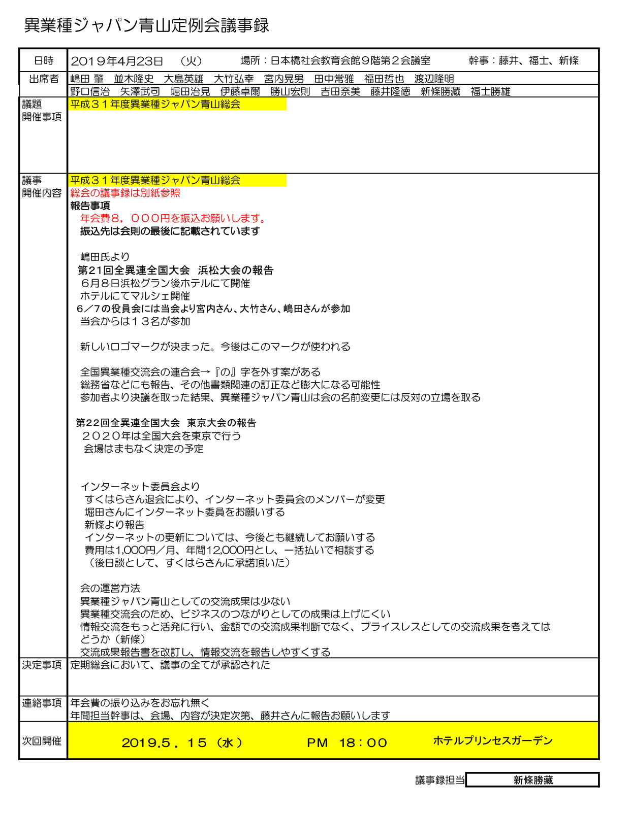 異業種交流 ジャパン青山 19年4月定例会 異業種交流 ジャパン青山 19年4月定例会